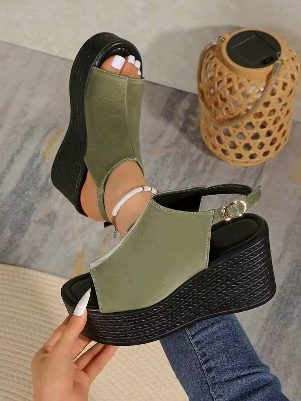 Women's Solid Color Thick Sole Sandals, Ankle Strap Casual Summer Beach Shoes, Versatile Platform Shoes