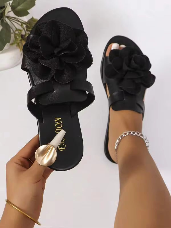 Women's Round Toe Flat Sandals With 3D Floral Decor, Open Toe Slip-On Mules, Summer Vacation Style Casual Beach Slippers, Solid Color