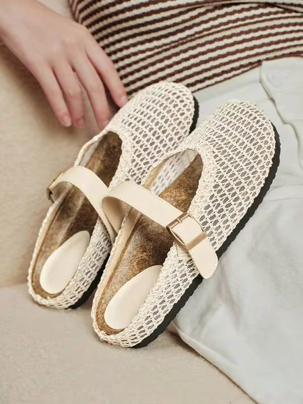 Solecia Summer Versatile White Woven Closed Toe Mules Shoes Single Buckle Design Light And Breathable Flat Bottom Casual Temperament Wind Women's Sandals
